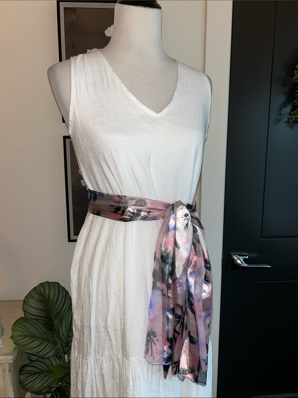 Satin Palm-Print Scarf sash in purple Pink and Black